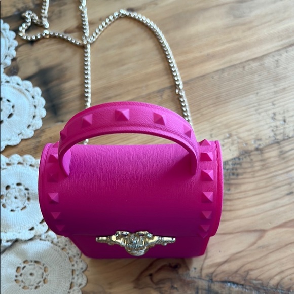 Vibrant Pink Mini Bag with Gold Beetle clasp and Chain Strap - Picture 3 of 7